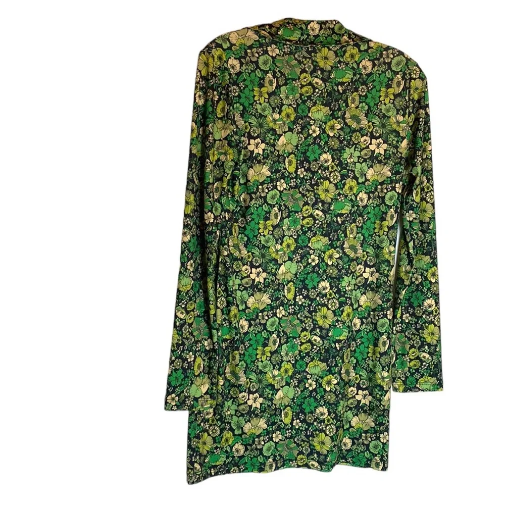 ZARA Floral Print Mini Shirt Dress S Green White Long Sleeve V-Neck Retro - Picture 4 of 12